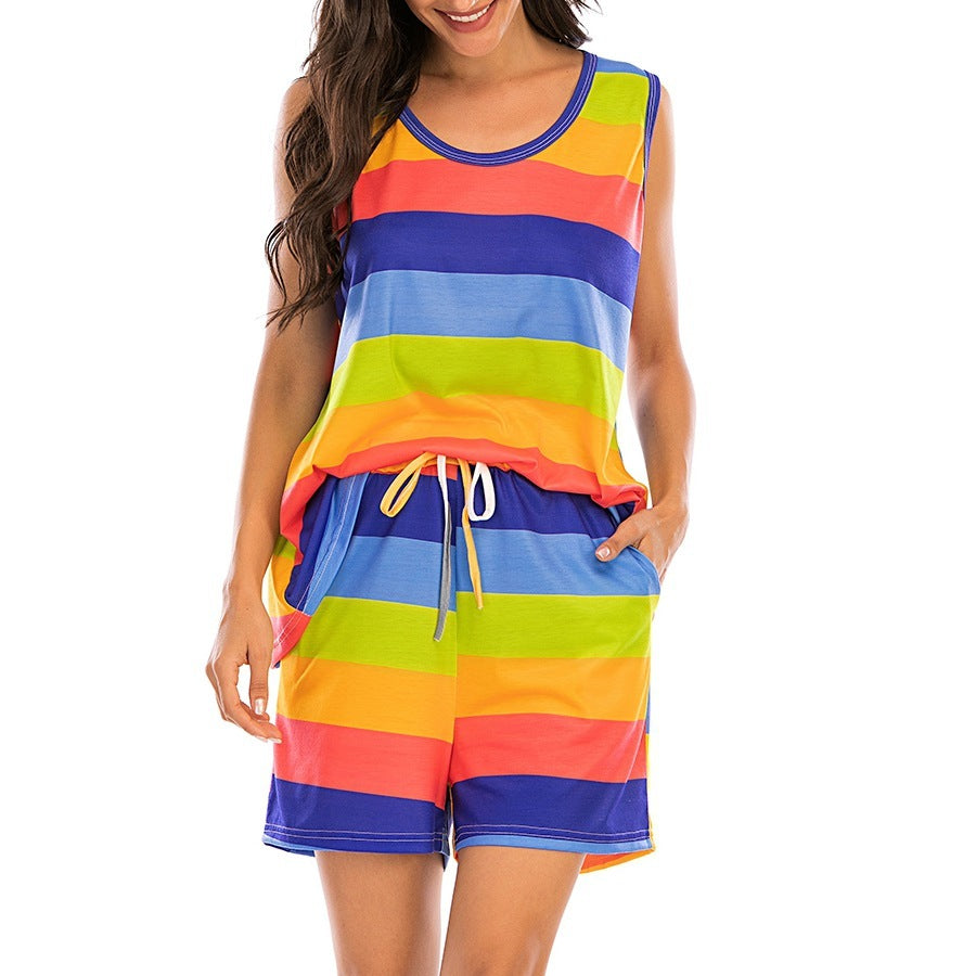 Womens Rainbow Stripes Short Sleeve Pajama Set Night Lounge Top Short - Mubimart -  