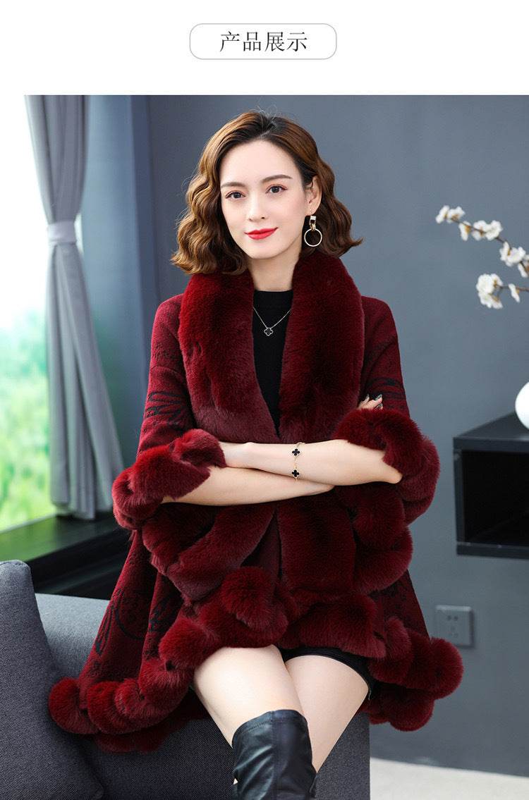 Imitation Rex Rabbit Fur Collar Shawl Cape Women's Plus Size - Mubimart
