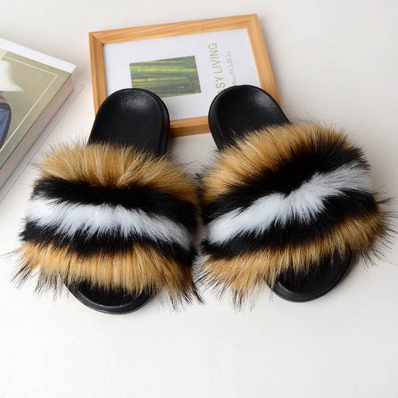 Faux Fox Fur Slippers Women Non Slip Plush Slippers - Mubimart