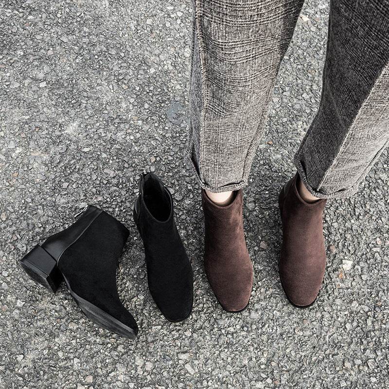 Retro Square Heel Pointed Toe Ankle Boots Fashion Versatile Chelsea Boot Women's Shoes - Mubimart