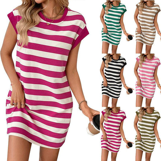 Women's Round Neck Short Sleeve Striped Short Skirt Pocket Casual Dress - Mubimart