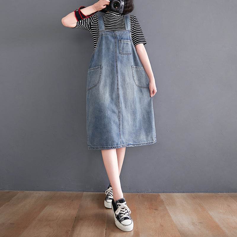 Women's New Loose Large Size Denim Suspender Dress - Mubimart