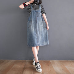 Women's New Loose Large Size Denim Suspender Dress - Mubimart -  