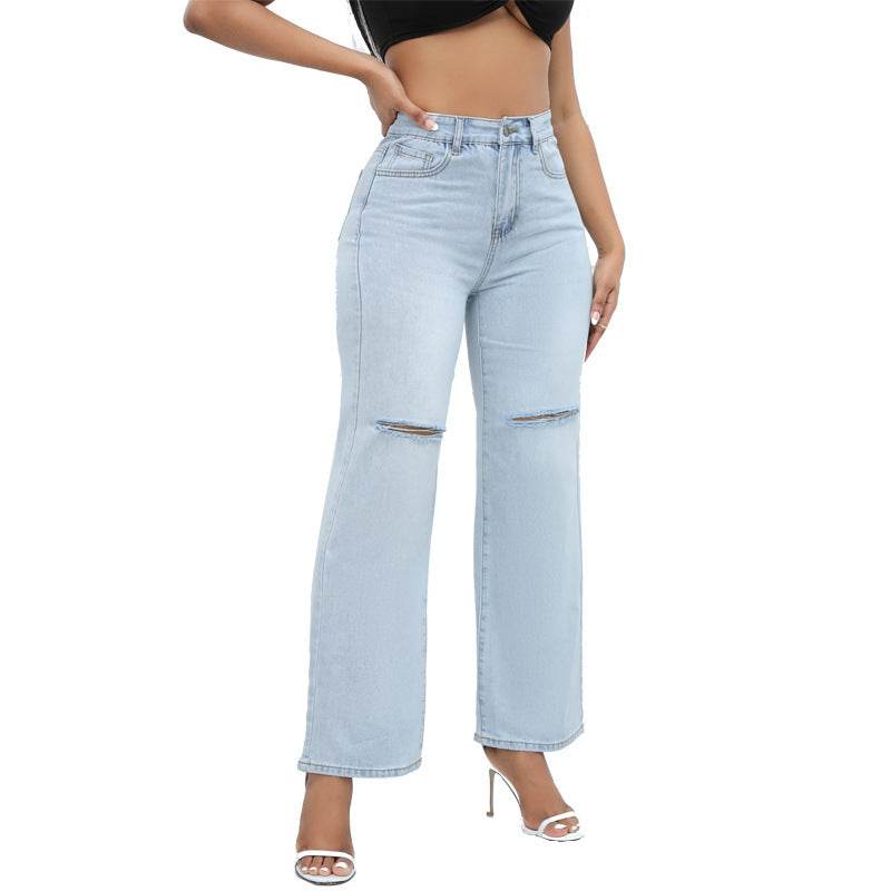 Elegant Ripped Wide-leg Jeans Women - Mubimart