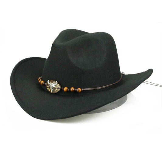 Western Cowboy Hat Wooden Bead Bull Head Fedora Hat - Mubimart