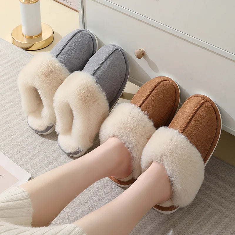 Winter Warm Plush Home Slippers Indoor Fur Slippers Women Soft Lined Cotton Shoes Comfy Non-Slip Bedroom Fuzzy House Shoes Women Couple - Mubimart -  