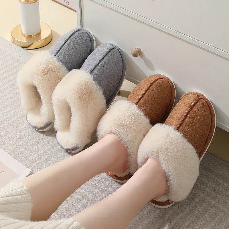 Winter Warm Plush Home Slippers Indoor Fur Slippers Women Soft Lined Cotton Shoes Comfy Non-Slip Bedroom Fuzzy House Shoes Women Couple - Mubimart