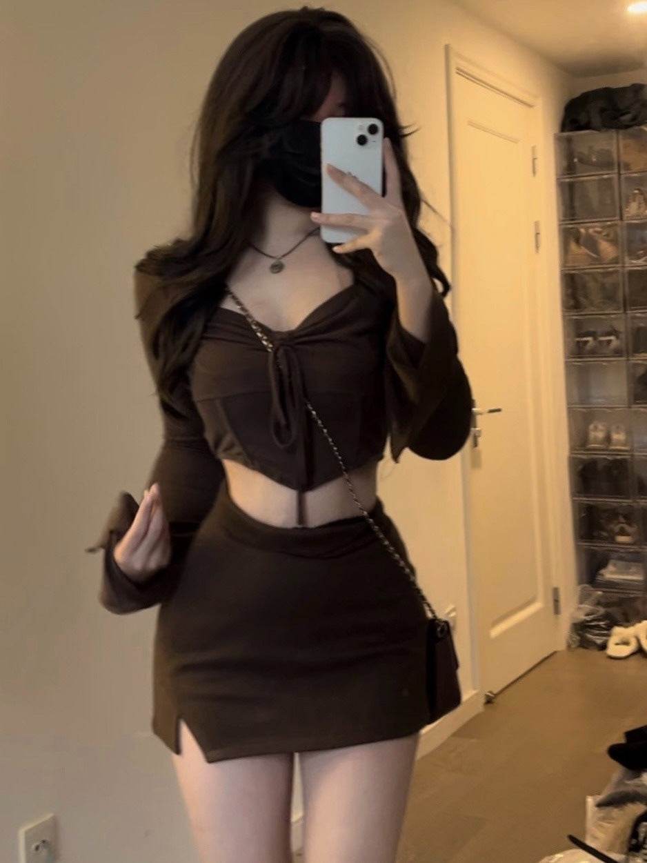 Top Long Sleeve Short Dress Young Wear Brown Two-piece Suit - Mubimart