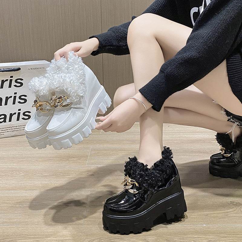 Fashion Plus Fluffy Mouth Thick Soled High Loafers Women - Mubimart