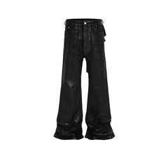 Heren Vinyl Coated Bootcut Broeken Stikwerk Beschadigde Jeans