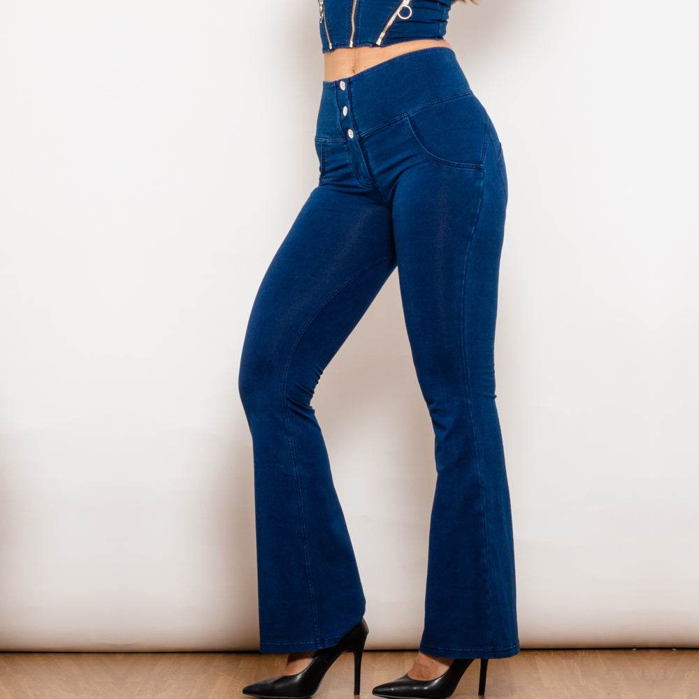 Shascullfites Melody Dark Blue Flared Lift Jeggings Button Up Jeans Bum Lift Jeans High Waist Flare Jeans Women - Mubimart