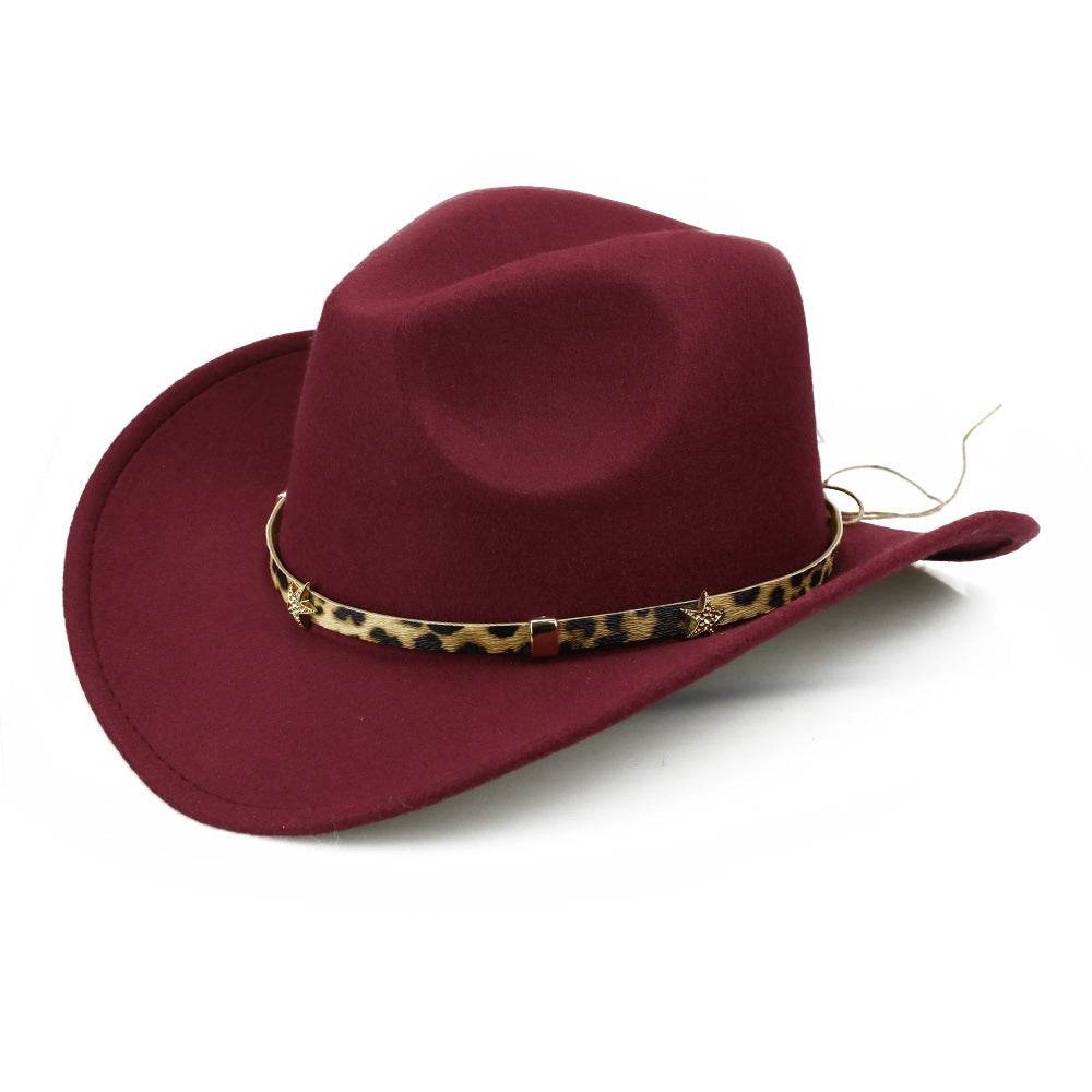 Leopard Print Five-pointed Star Belt Cowboy Hat Men's And Women's Autumn And Winter Woolen Fedora Hat Outdoor Knight Hat Western Cowboy Hat - Mubimart
