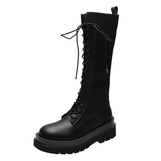 Women Boots Lace Up Mid Calf Boots High Platform Lace Up - Mubimart