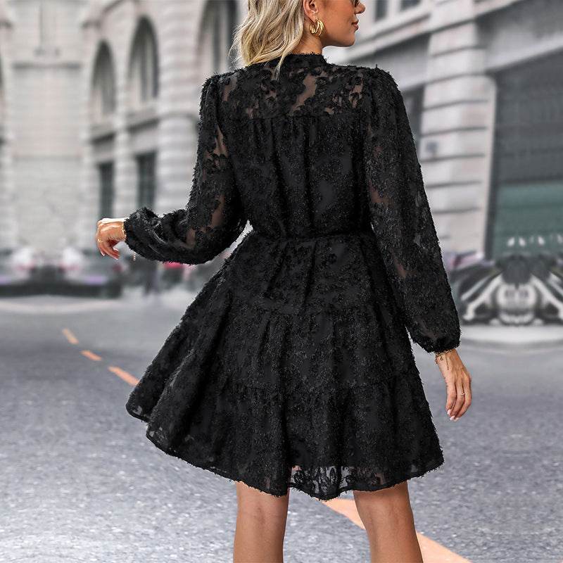 Lace Tied Long Sleeve Dress Fashion Medium Length Dresses Womens Clothing - Mubimart