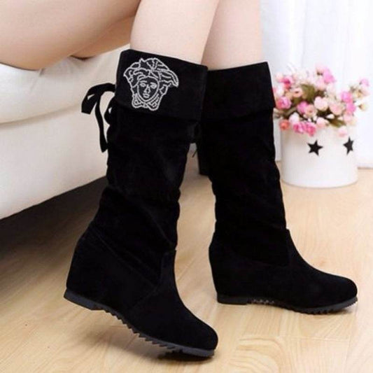 Women's Nubuck Wedge Long Suede Inner Booster Flat Tall Boots - Mubimart
