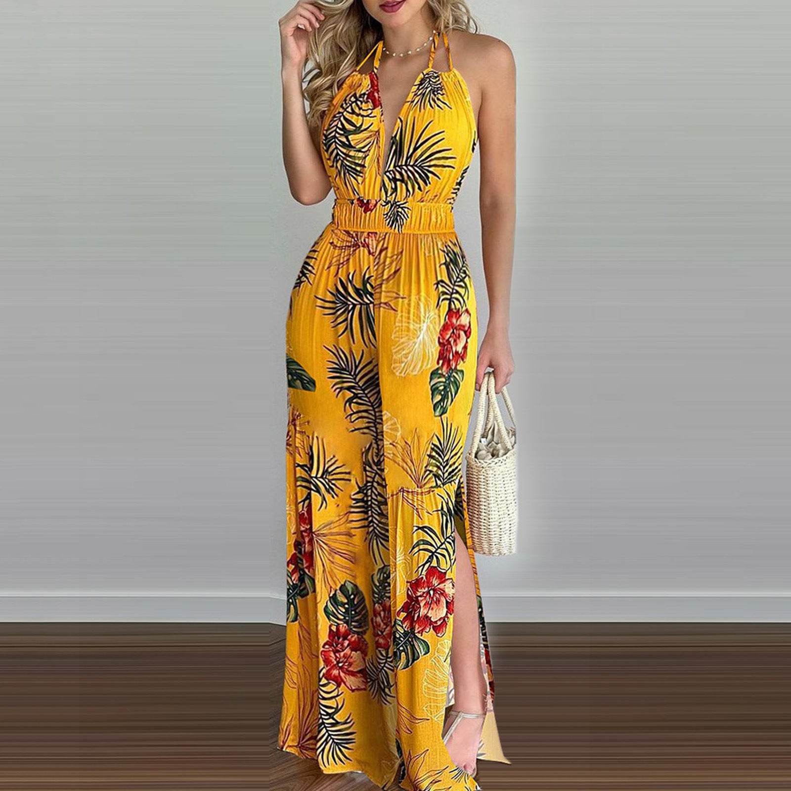 Printed Suspender Dress Plus Size Loose Jumpsuit - Mubimart