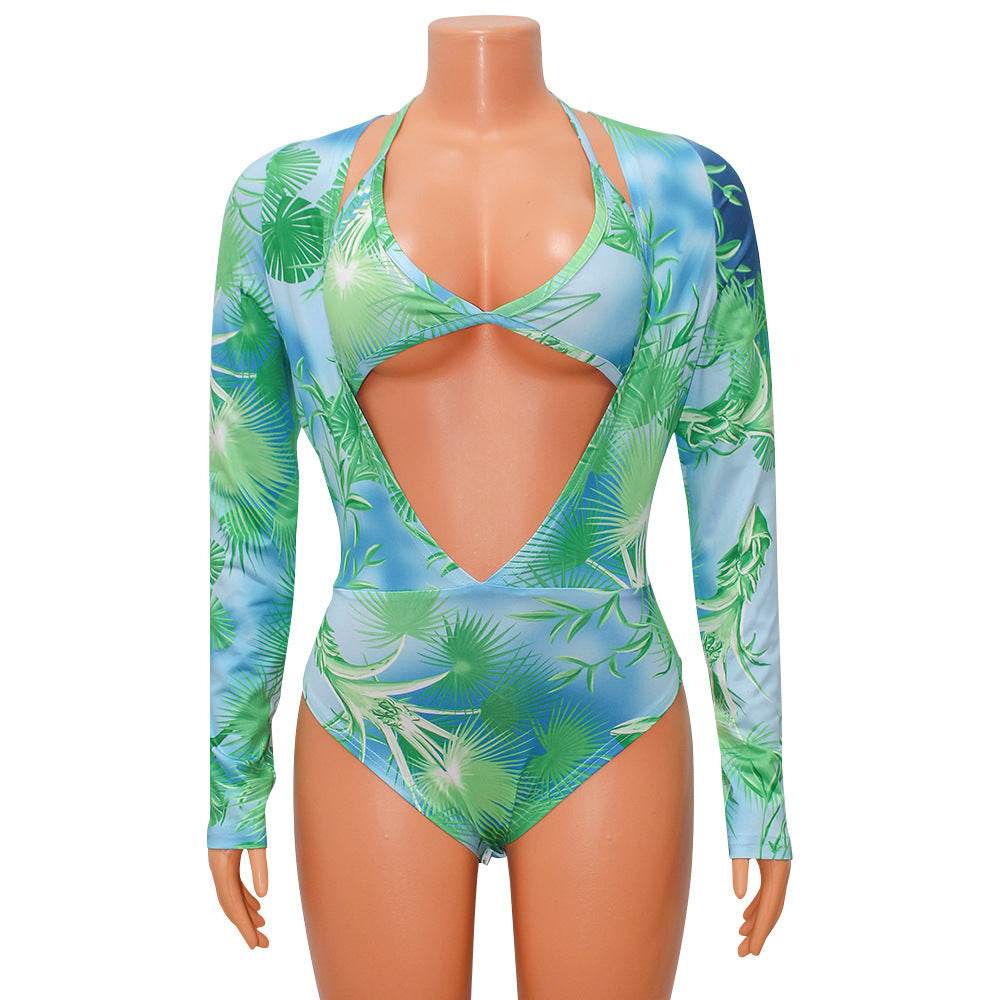 Women's Fashion Bodysuit Print Bodysuit Long Sleeve Pants Set - Mubimart