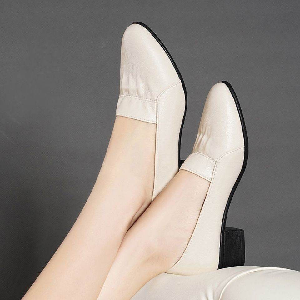 Women's Non-slip Soft Sole Thick Heel Comfortable Casual Work Leather Shoes - Mubimart