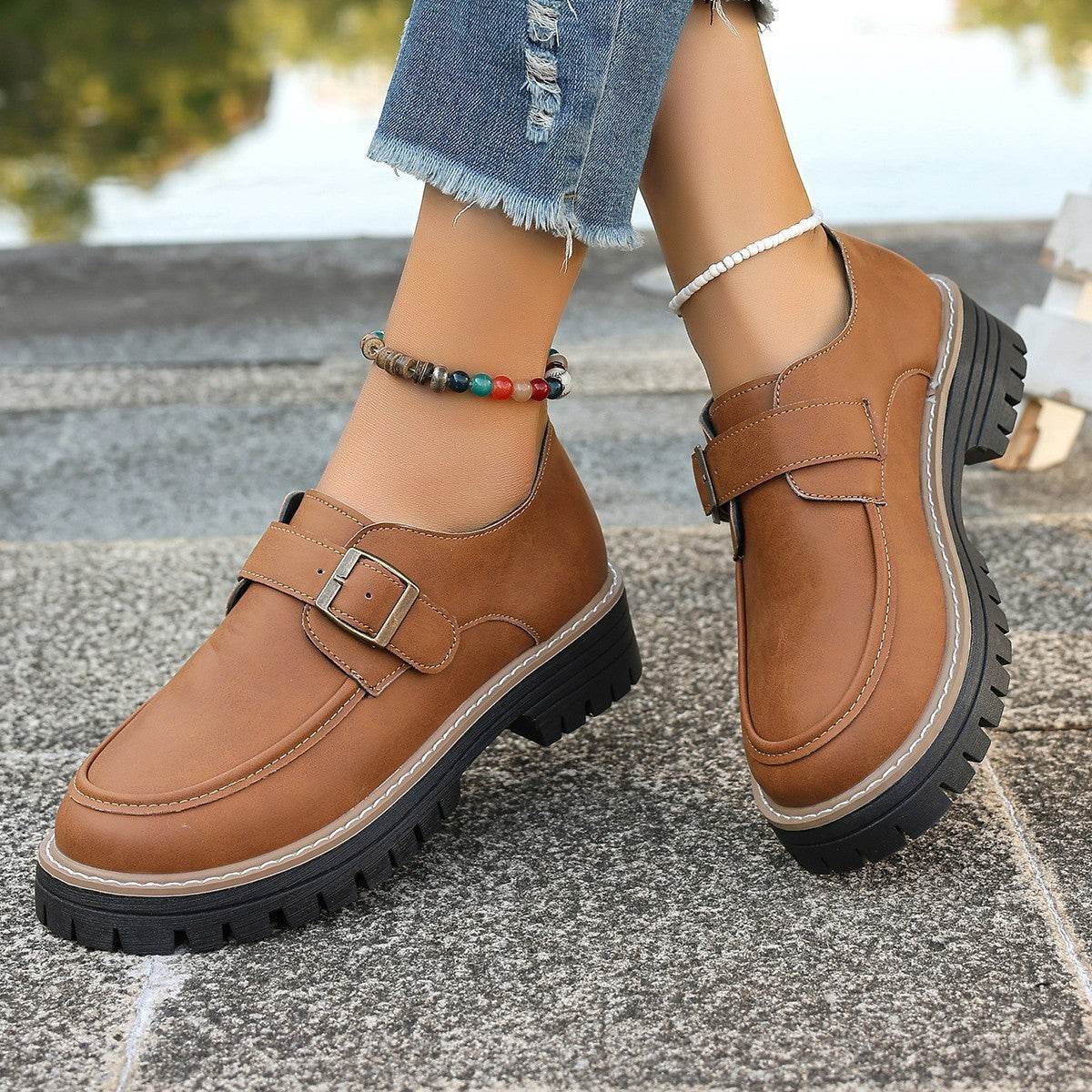 Fashion Buckle Loafers For Women British Style Height-increasing Thick-soled Casual Shoes - Mubimart