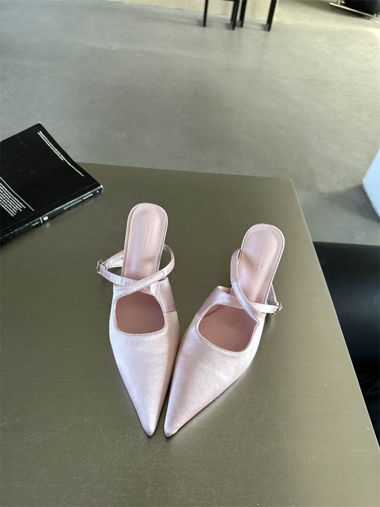 Elegant Pointed Toe Spring And Summer Light Satin Sandals Cross Strap Kitten Women's High Heels - Mubimart