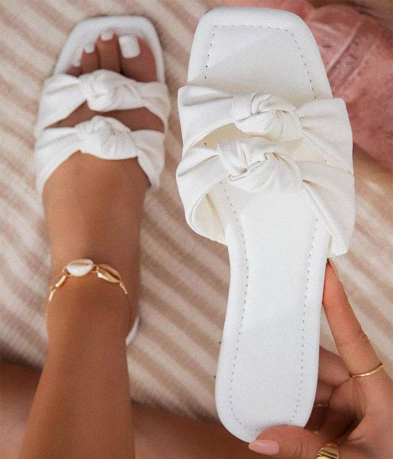 Double Bow Slippers Flat Shoes Summer Outdoor Sandals Non-slip Slides - Mubimart