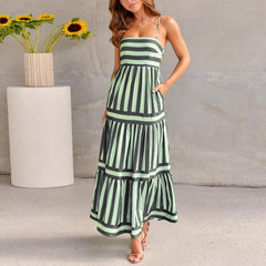 Summer Striped Printed Suspender Long Dress With Pockets Fashion Square Neck Backless Dresses For Beach Vacation Women Clothing - Mubimart -  