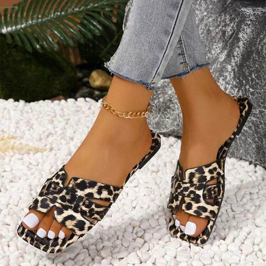 Leopard Print Square Head Women's Slipper - Mubimart
