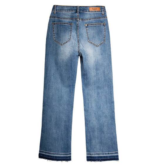 Women's Washed Elastic Loose Wide Leg Ankle-length Bootcut Jeans - Mubimart