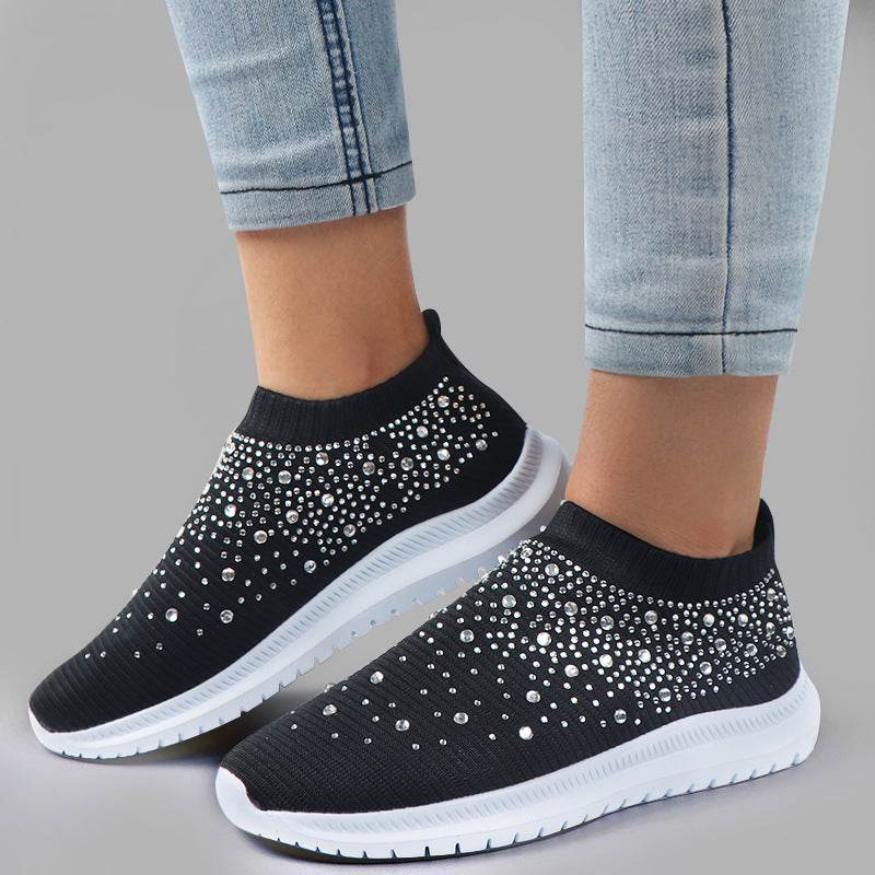 European And American Plus Size Rhinestone Stretch Sock Shoes Casual Men And Women Sneaker - Mubimart