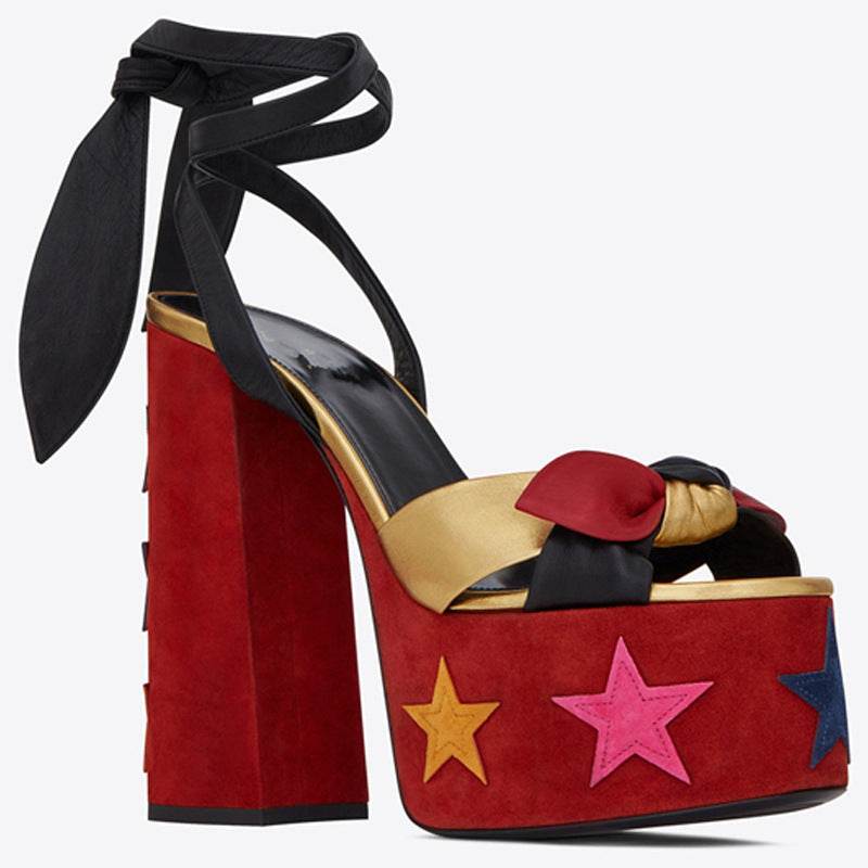 Summer Peep Toe Platform Thick Heel Bowknot Lace-up Super High Heels - Mubimart
