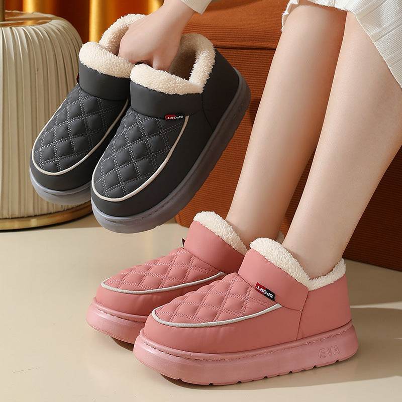 Winter Plush Cotton Shoes Warm Thick-bottom Waterproof Home Slippers All-match Indoor Outdoor Garden Shoes For Women - Mubimart