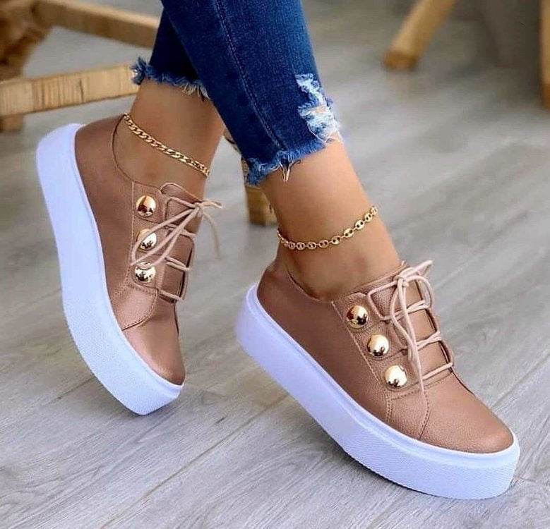 Lace-up Flats Sneakers Women Rivet Casual Shoes - Mubimart