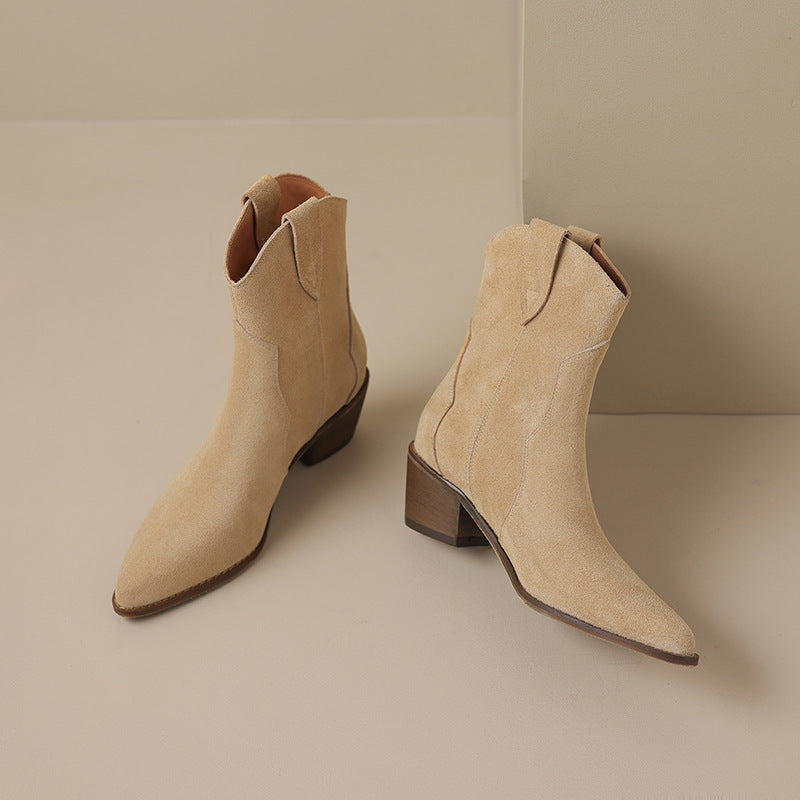 Pointed Toe Chunky Mid Heel Booties Fashion Matte Leather Boots