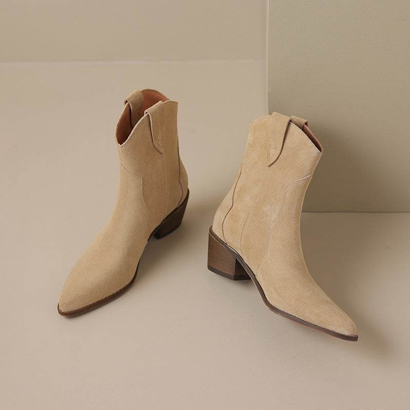 Pointed Toe Chunky Mid Heel Booties Fashion Matte Leather Boots - Mubimart