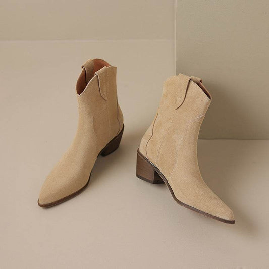 Pointed Toe Chunky Mid Heel Booties Fashion Matte Leather Boots - Mubimart