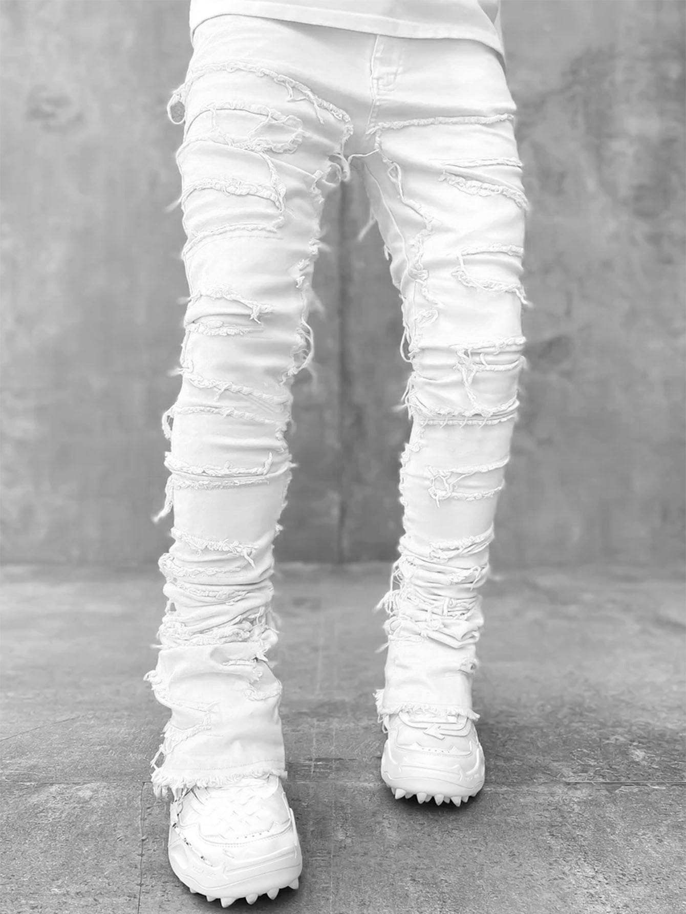Men Trousers Individual Patched Pants Long Tight Fit Stacked Jeans For Mens Clothing - Mubimart