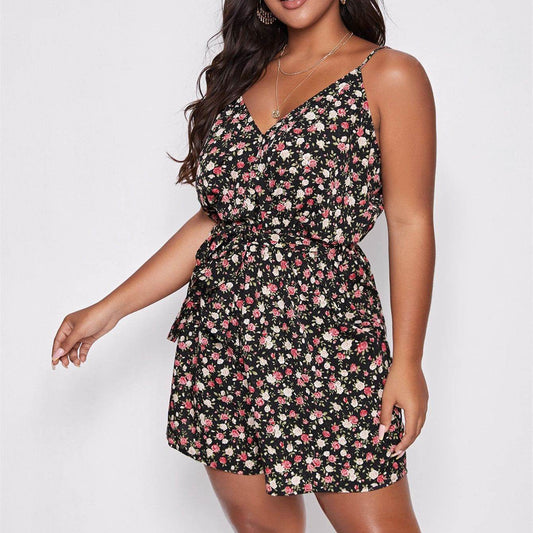 Ladies Plus Size Suspender Loose Fat Girl Jumpsuit Shorts - Mubimart