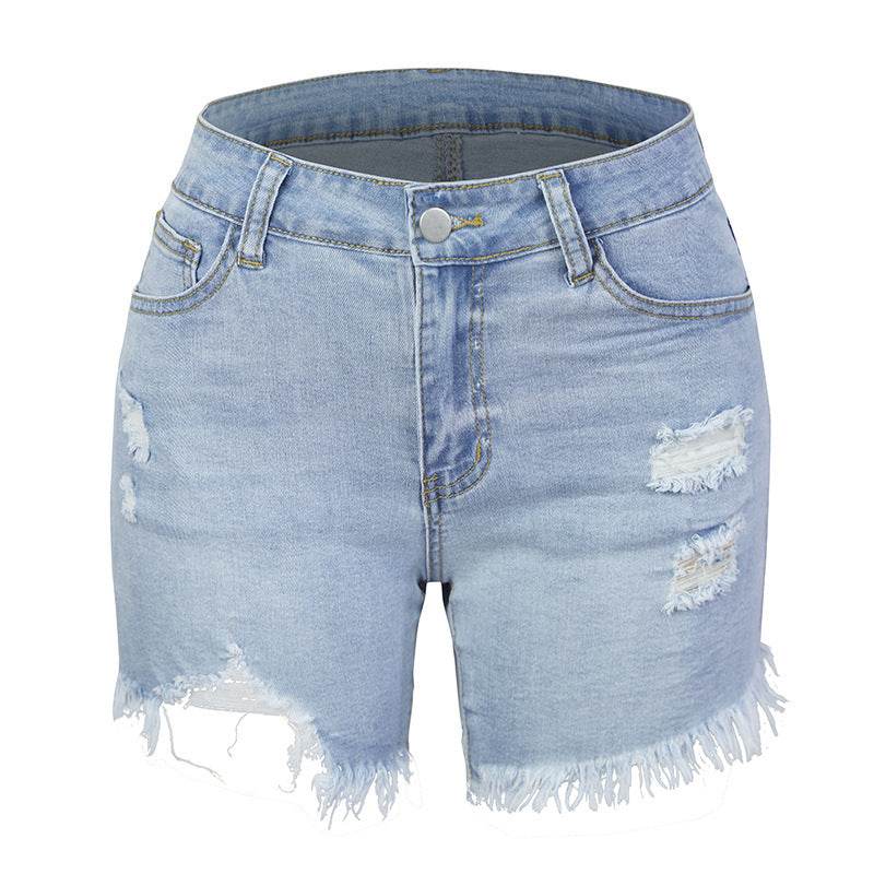Fashion Ripped Fringed High Stretch Denim Shorts Women - Mubimart