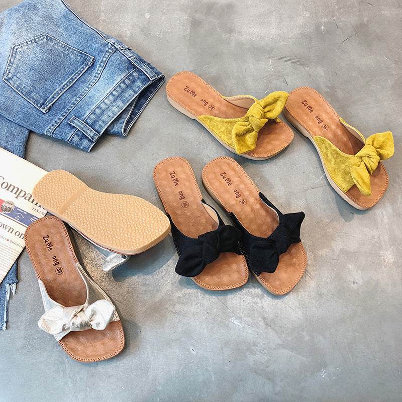 Sweet Summer Casual Bowknot Student Shoes Slippers Flat Bottom Comfort - Mubimart