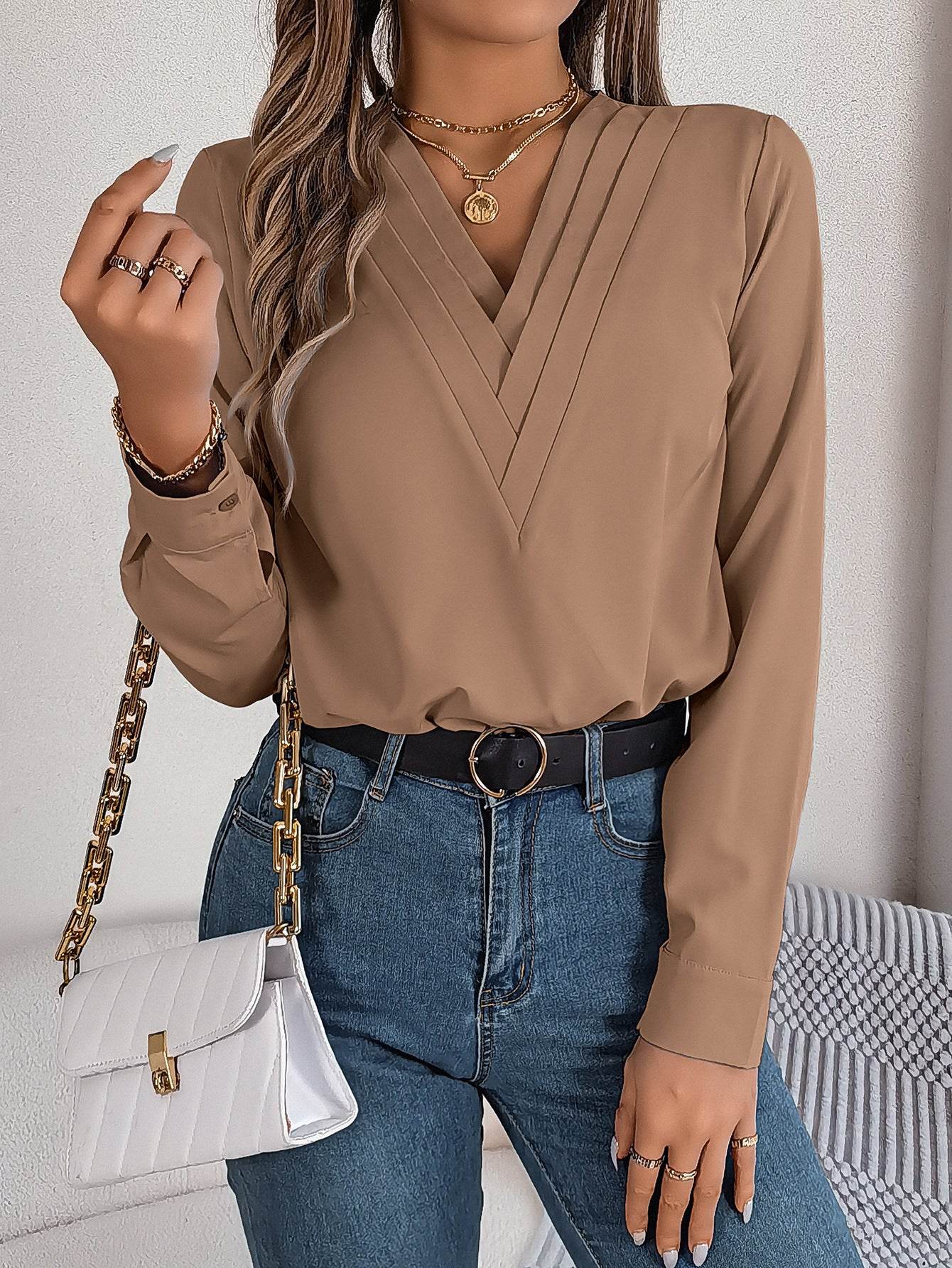 Fashion V-Neck Long Sleeve Shirt Elegant Commuter Solid Blouse Office Women's Clothing - Mubimart
