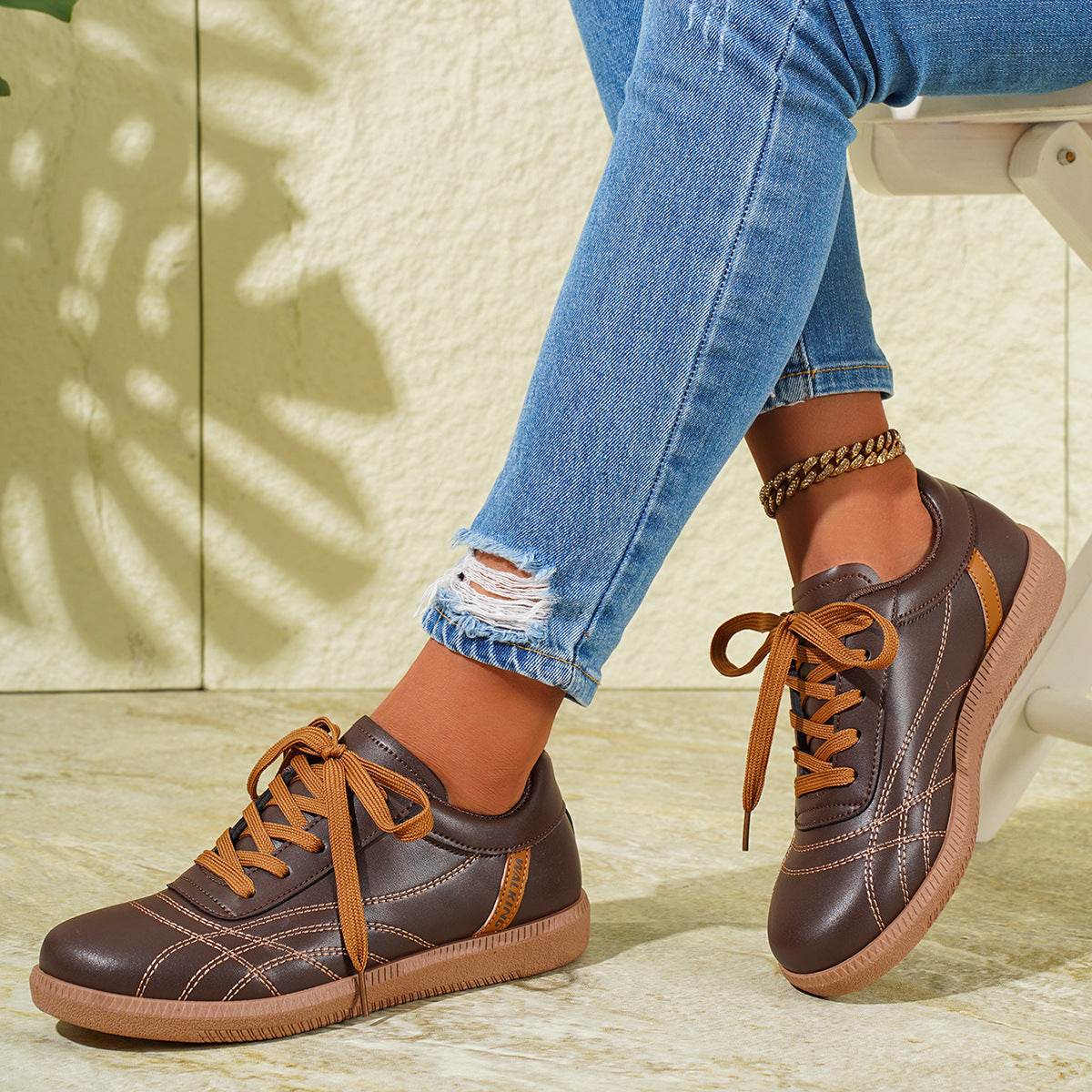 Retro Lace-Up Sneakers Fashion Casual Thick-soled Sports Shoes For Women Round Toe Slip On Casual Shoes - Mubimart