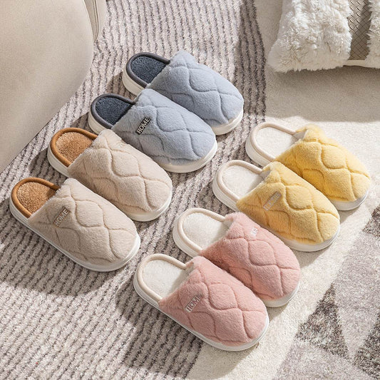 Plush Slippers Winter For Women Indoor Floor Bedroom Home Slipper Warm Solid House Shoes Men Couple - Mubimart