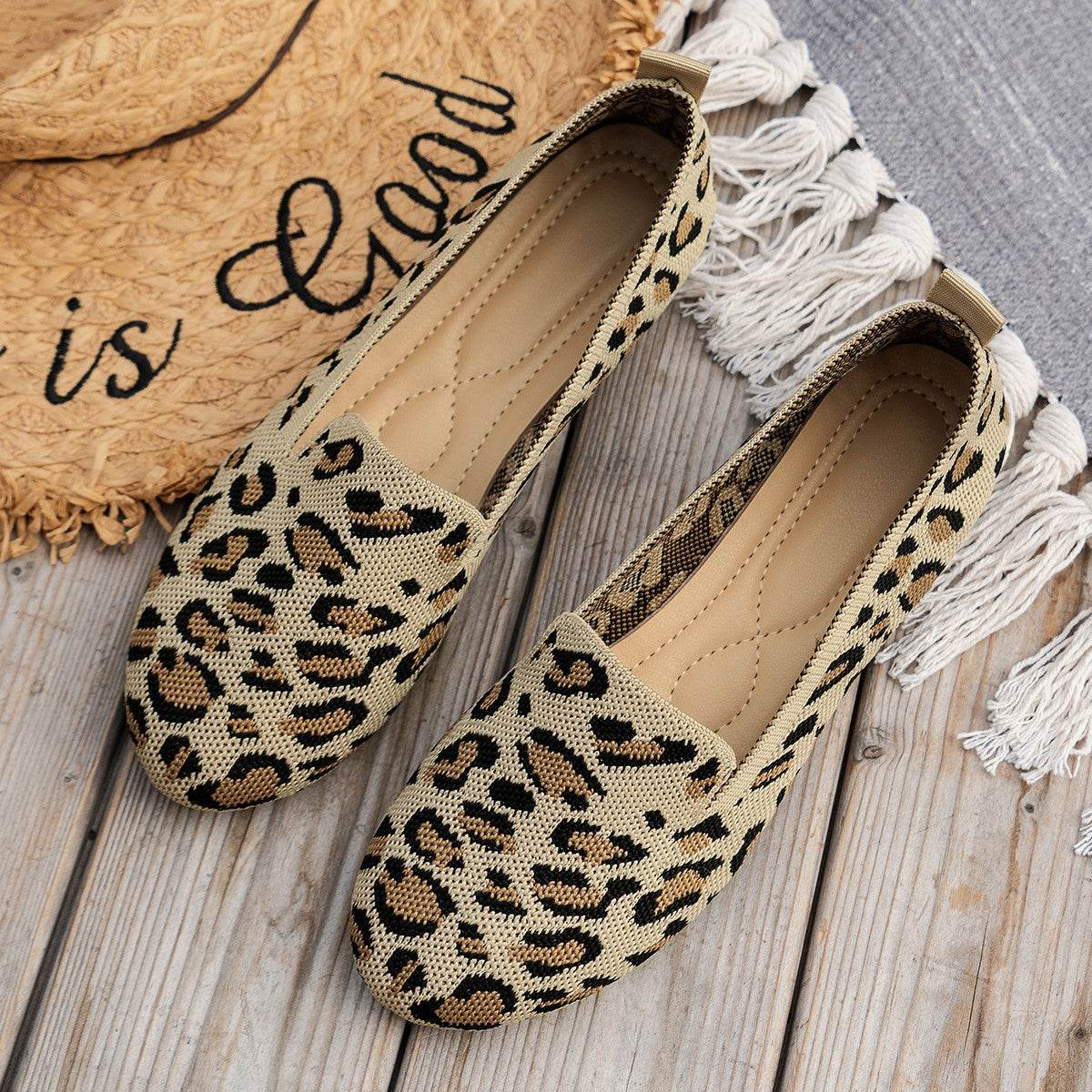 Slip-on Leopard Print Round Toe Flat Bottom Work Shoes - Mubimart