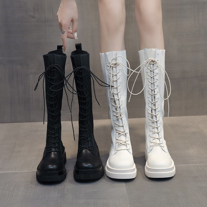 Women Boots  Lace Up Mid Calf Boots  High Platform Lace Up