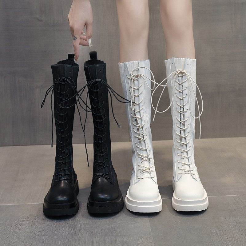 Women Boots Lace Up Mid Calf Boots High Platform Lace Up - Mubimart