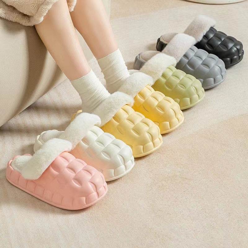 Fuzzy Slippers Women Winter Bedroom Indoor Shoes With Detachable Heel - Mubimart