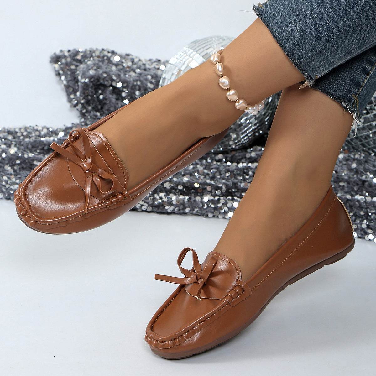 Casual Bowknot Flat Shoes Fashion Comfortable Soft-soled Loafers Slip-on Cozy Shoes Women - Mubimart