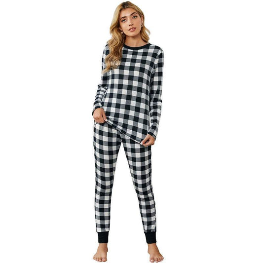 Christmas Long-sleeved Trousers Loungewear Suit Plaid Contrast Color Home Pajamas For Women - Mubimart