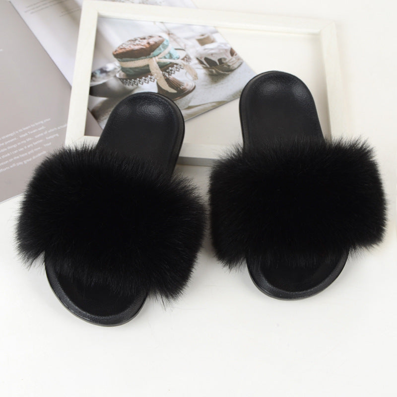 Faux Fox Fur Slippers Women Non Slip Plush Slippers - Mubimart -  