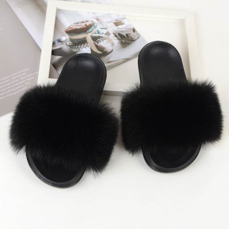 Faux Fox Fur Slippers Women Non Slip Plush Slippers - Mubimart